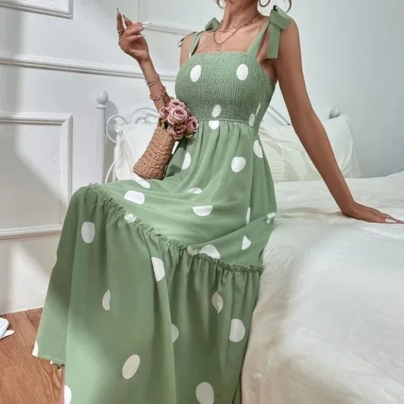 Green Polka Dot Tie Shoulder Cami Dress - Picture 5 of 6